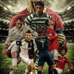 Dream11 style football poster showing Cristiano Ronaldo in multiple club kits inside a stadium background