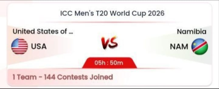 Come app interface showing ICC Men’s T20 World Cup 2026 USA vs Namibia match countdown and contest details