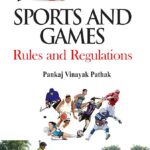 Sports and games rules book cover with different sports equipment and players representing come game concept