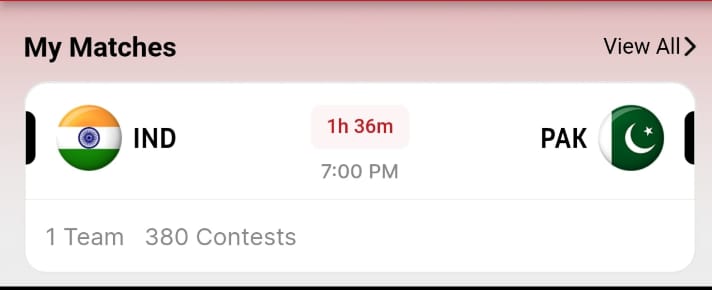Come apk interface showing IND vs PAK match schedule time and contest participation details