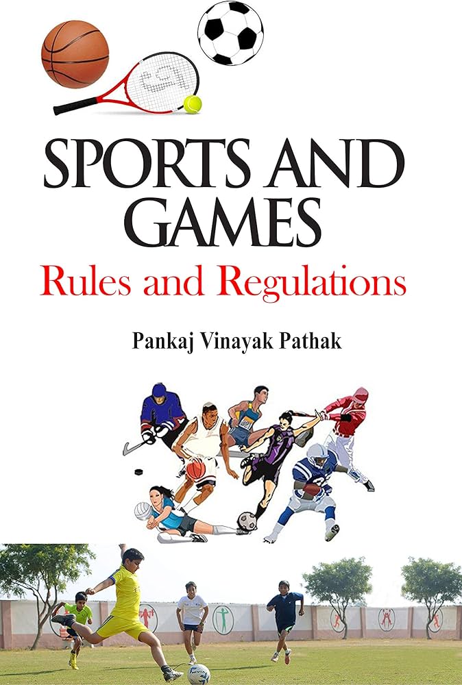 Sports and games rules book cover with different sports equipment and players representing come game concept