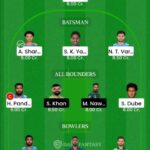 IND vs PAK fantasy cricket team selection screen showing 11 players, credits left, and lineup by roles in a mobile app interface